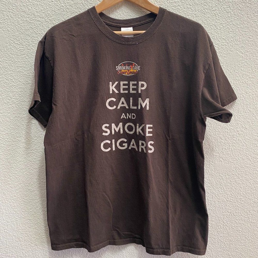 VTG Smoking Cave Cigar Lounge Keep Calm Smoke Cigars T-Shirt Brown Color Large